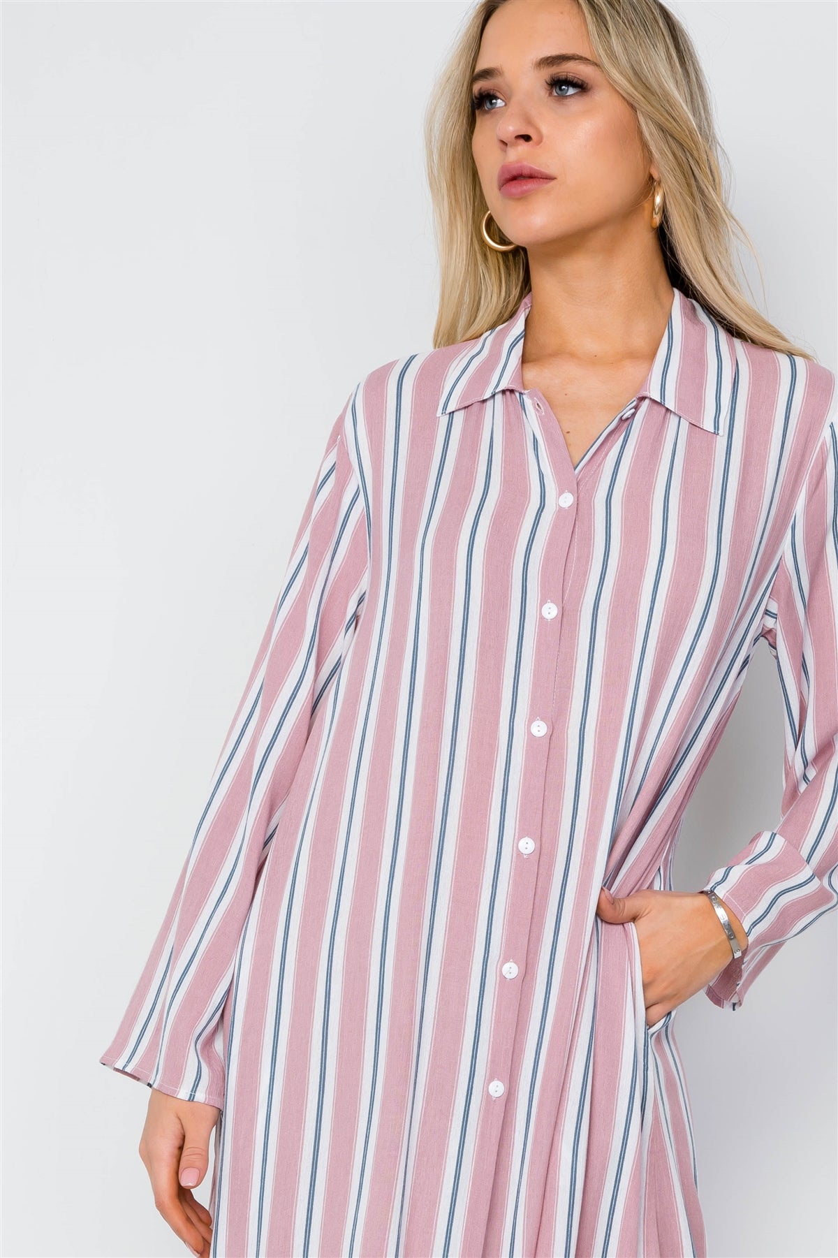 Mauve Multi Stripe Button Down Dress Maxi Blouse Shirt