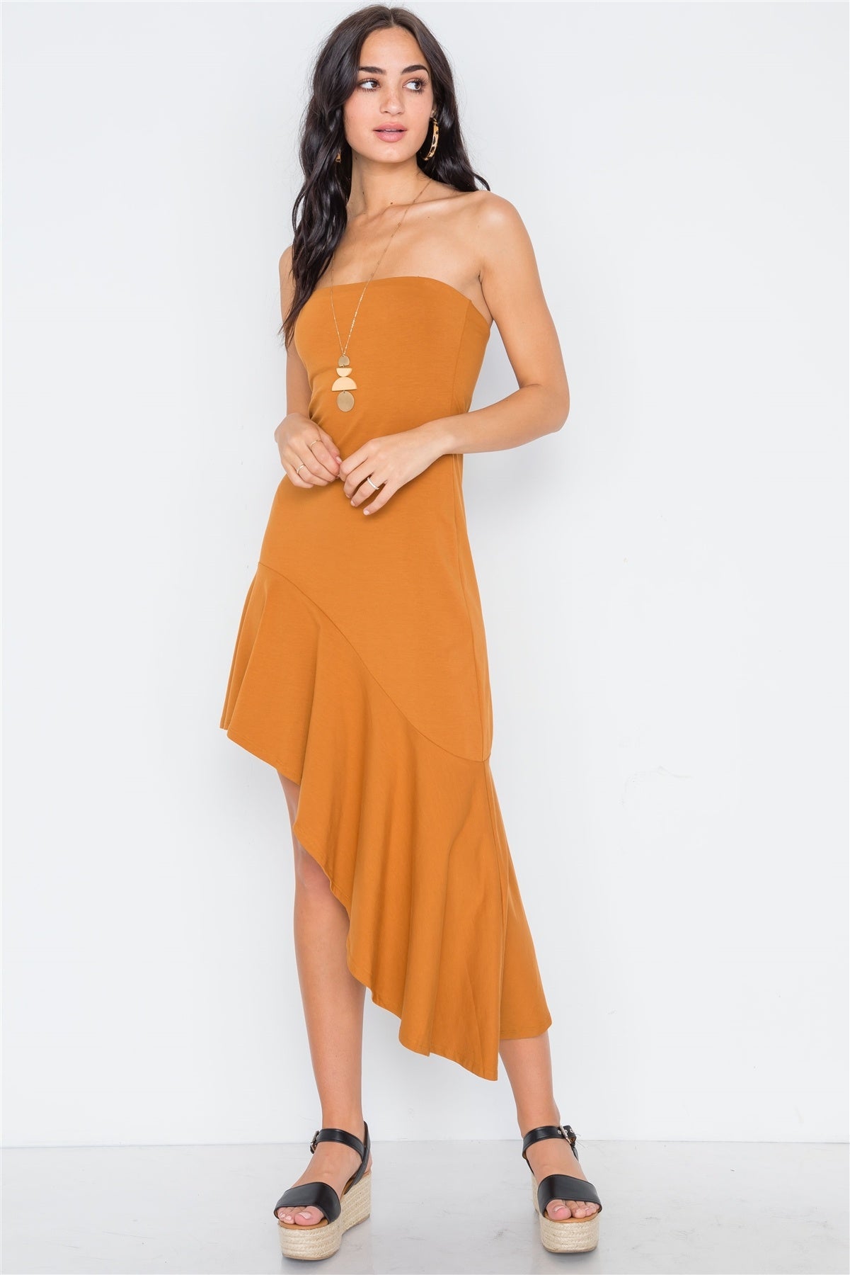 Strapless Flounce Hem Solid Dress