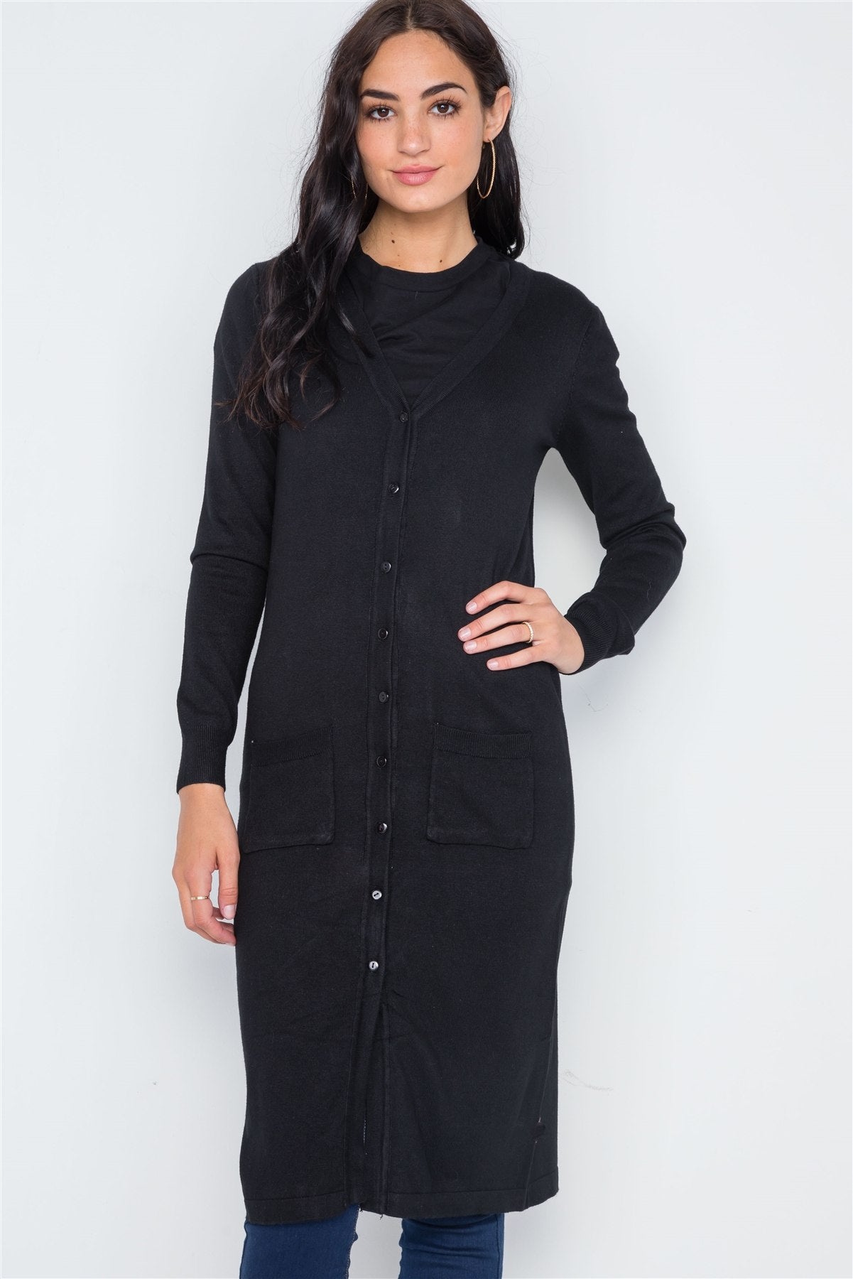 Button Front Long Line Cardigan