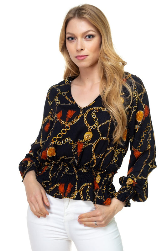 Long Sleeve Baroque & Chain Print Top