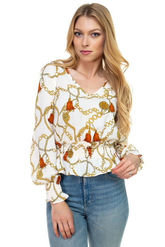 Long Sleeve Baroque & Chain Print Top