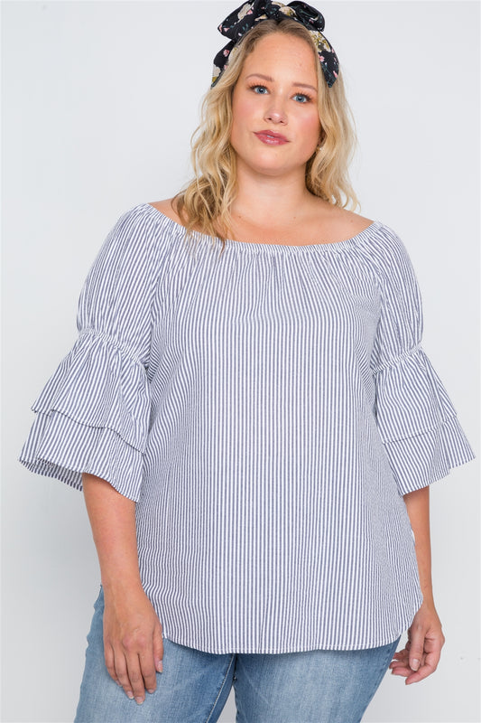 Plus Size 3/4 Bell Sleeves Striped Top