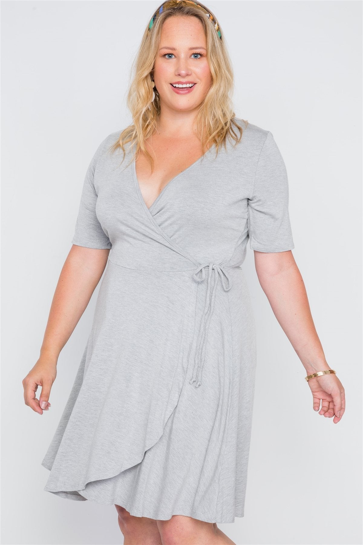 Plus Size Grey Surplice Neck Short Sleeve Solid Dress