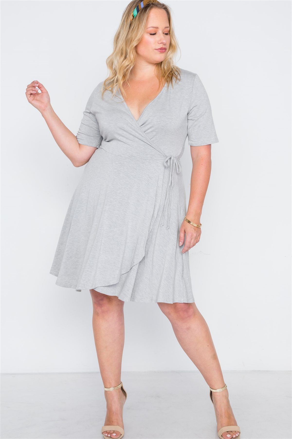 Plus Size Grey Surplice Neck Short Sleeve Solid Dress