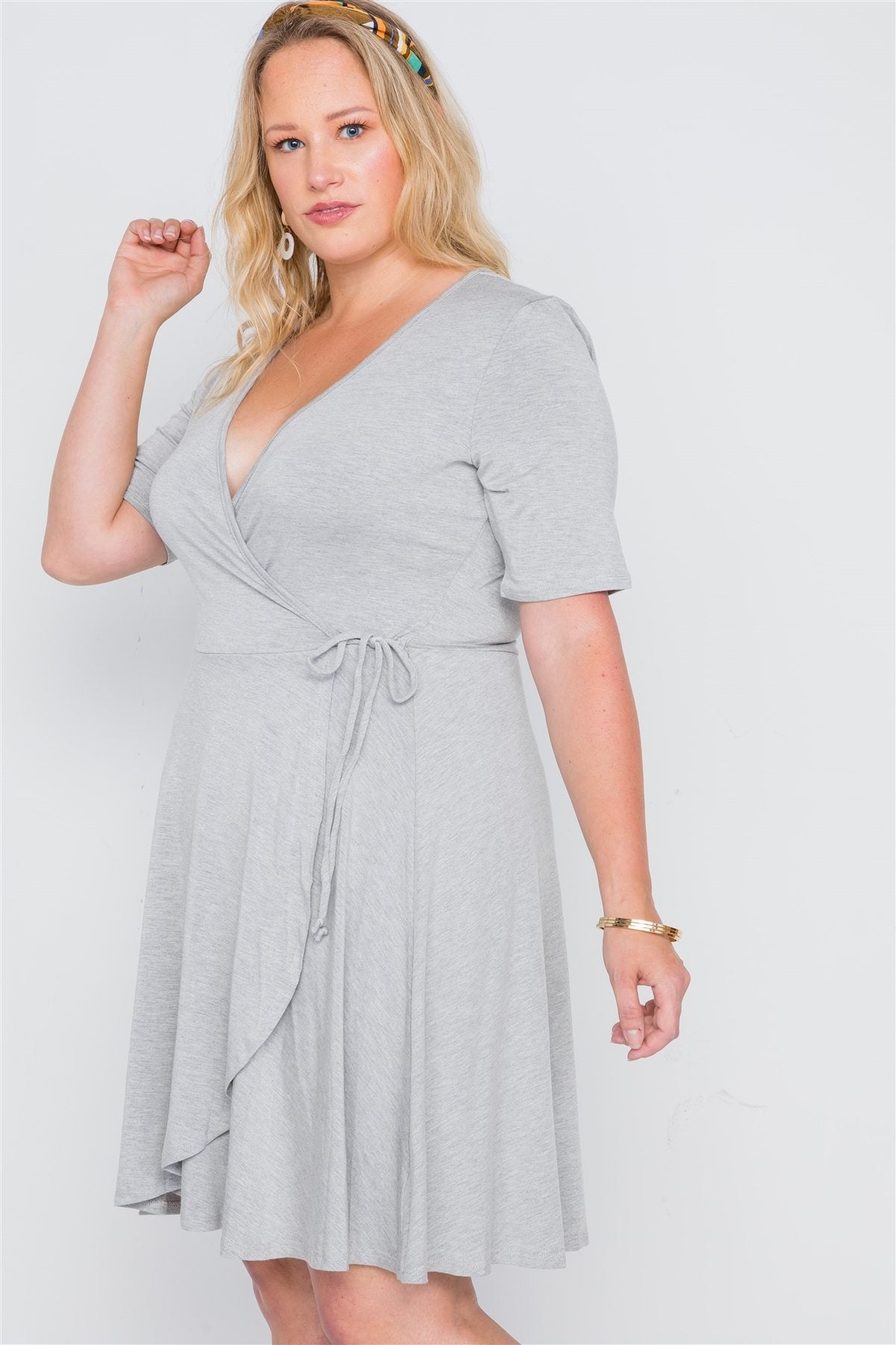 Plus Size Grey Surplice Neck Short Sleeve Solid Dress
