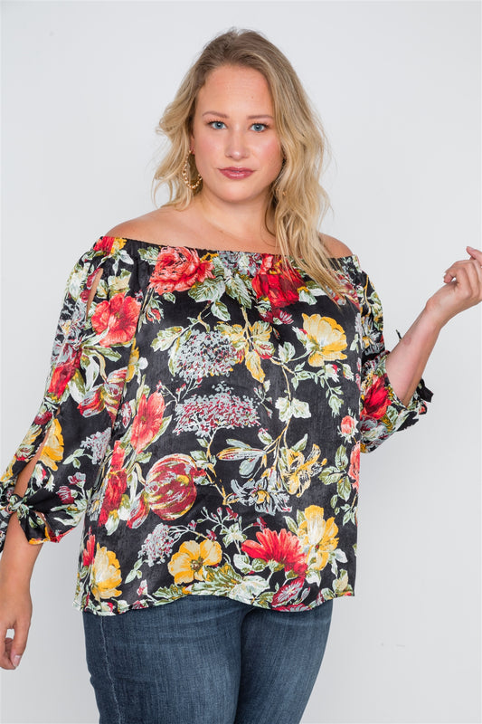 Plus Size Black Floral Off-the-shoulder Satin Top