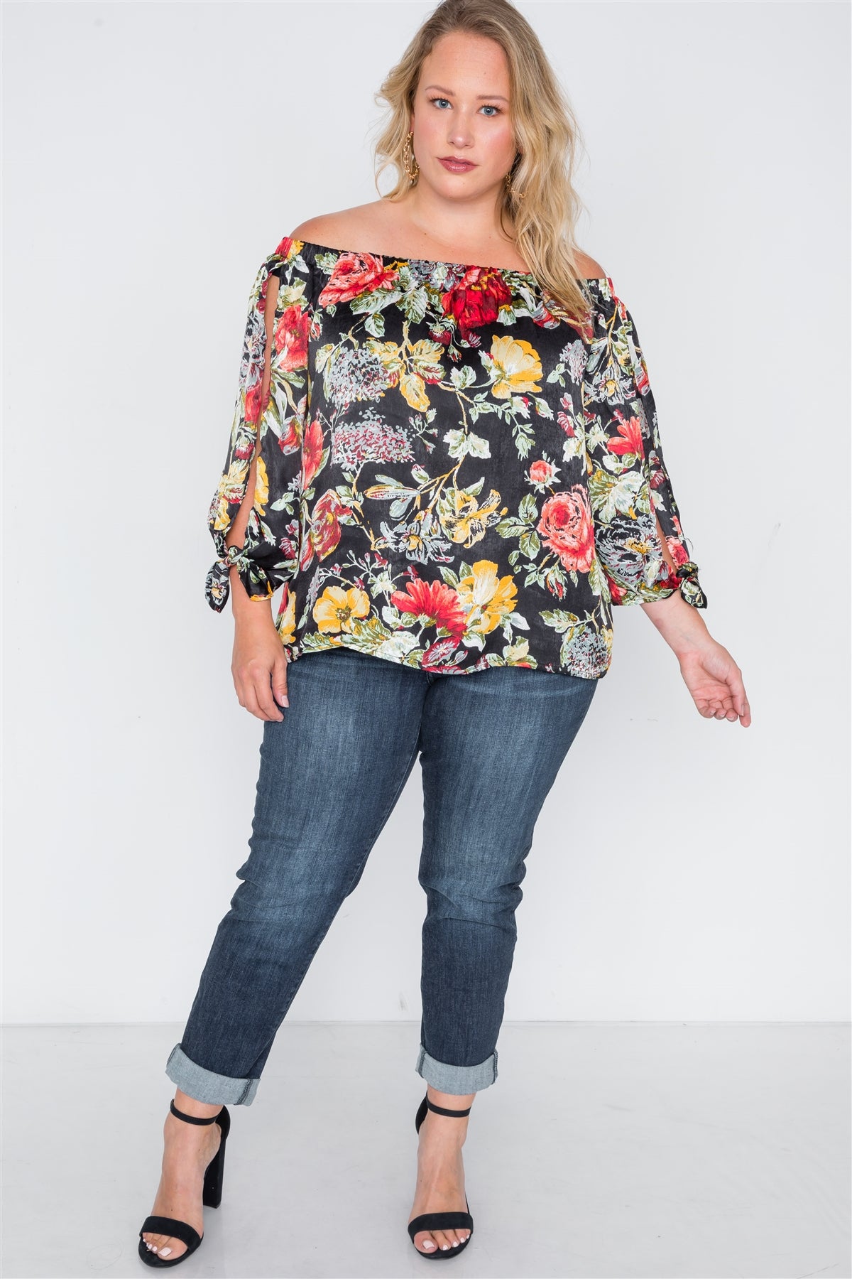 Plus Size Black Floral Off-the-shoulder Satin Top