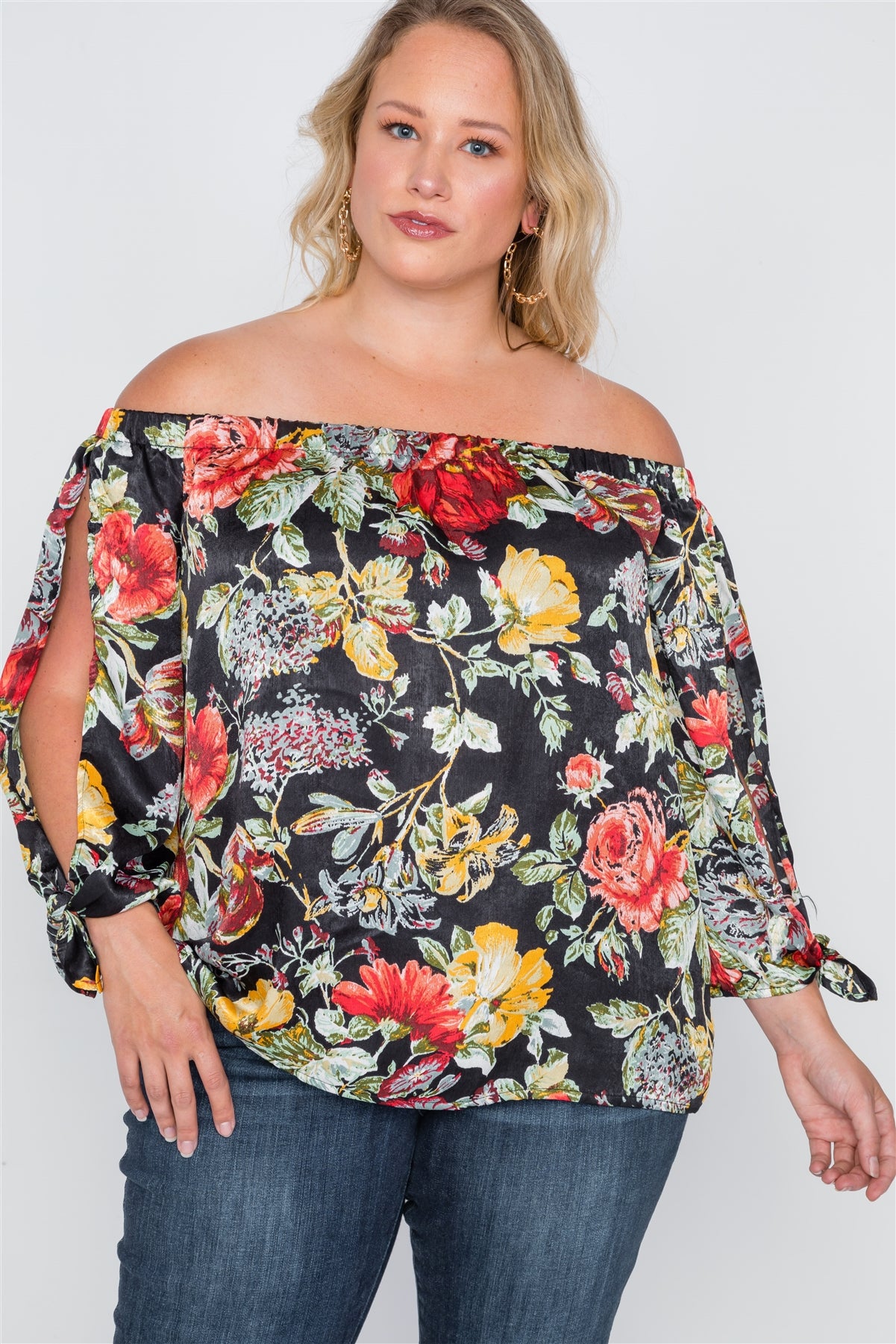 Plus Size Black Floral Off-the-shoulder Satin Top