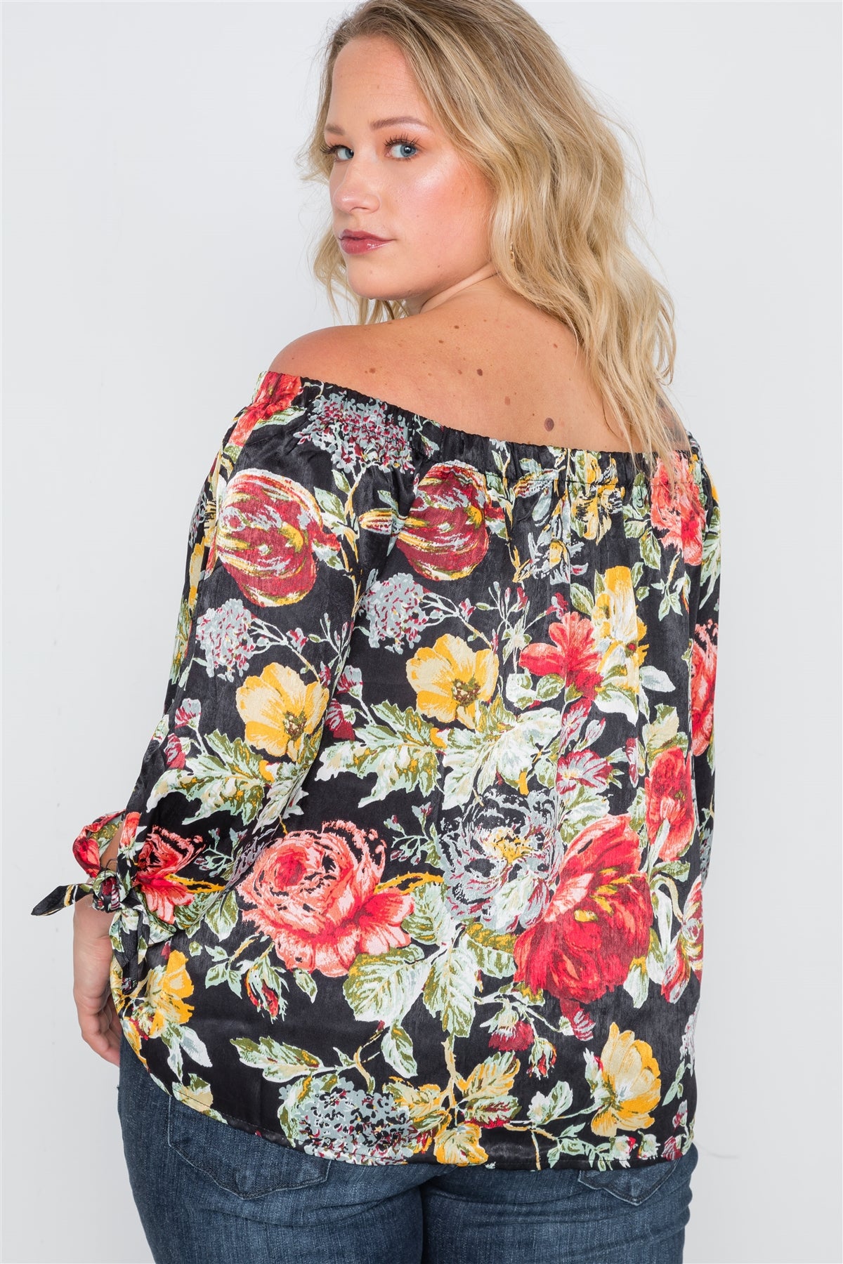 Plus Size Black Floral Off-the-shoulder Satin Top