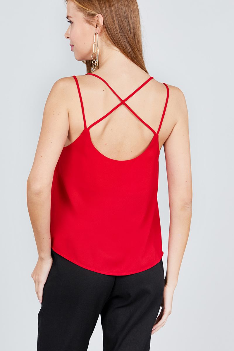 V-neck W/back Cross Strap Cami Woven Top