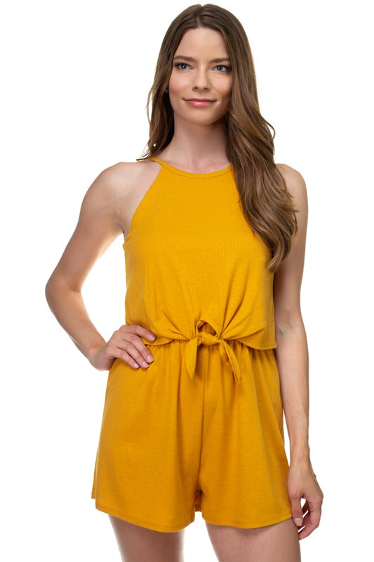 Sleeveless Ribbed Front Tie Romper