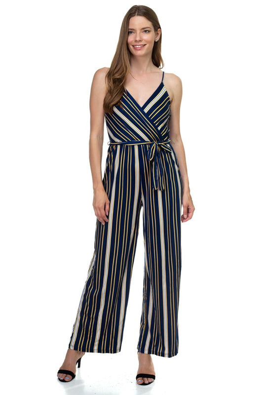 Sleeveless Stripe Waist Tie Jumpsuit