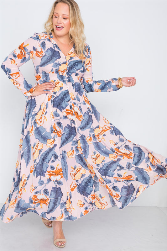 Plus Size  Floral Print Button Down Maxi Dress