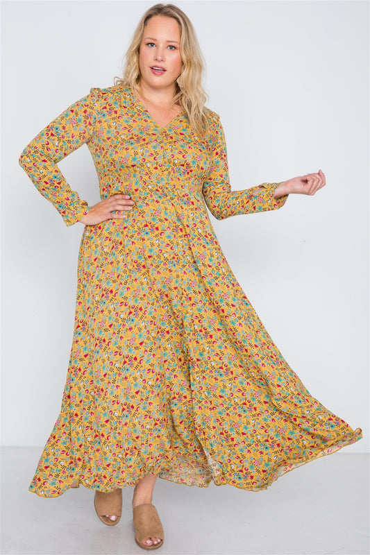 Plus Size  Floral Print Button Down Maxi Dress