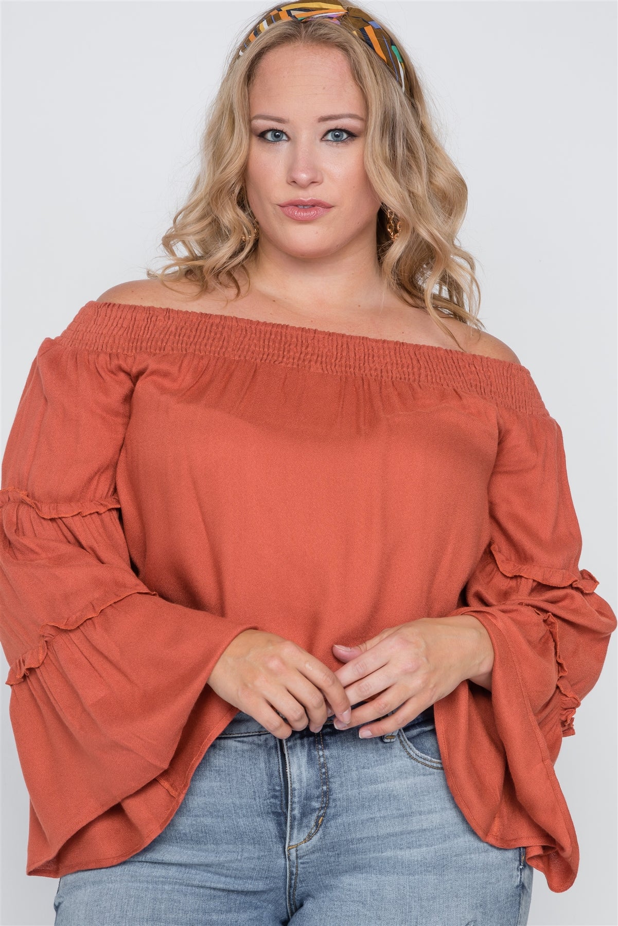 Plus Size Off-the-shoulders Bell Sleeve Top-Runs one size smaller-1XL will fit sizes L and XL