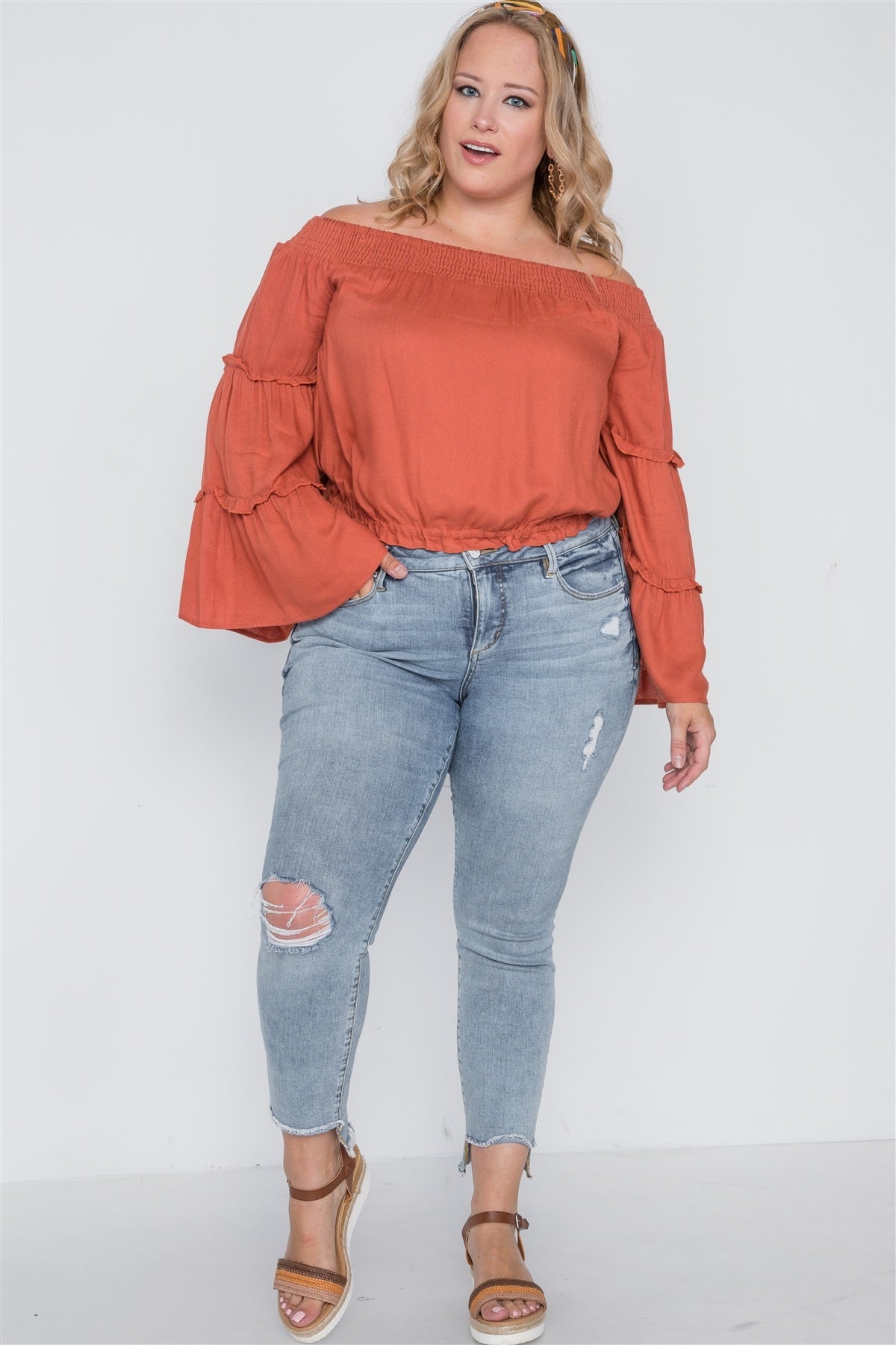 Plus Size Off-the-shoulders Bell Sleeve Top-Runs one size smaller-1XL will fit sizes L and XL