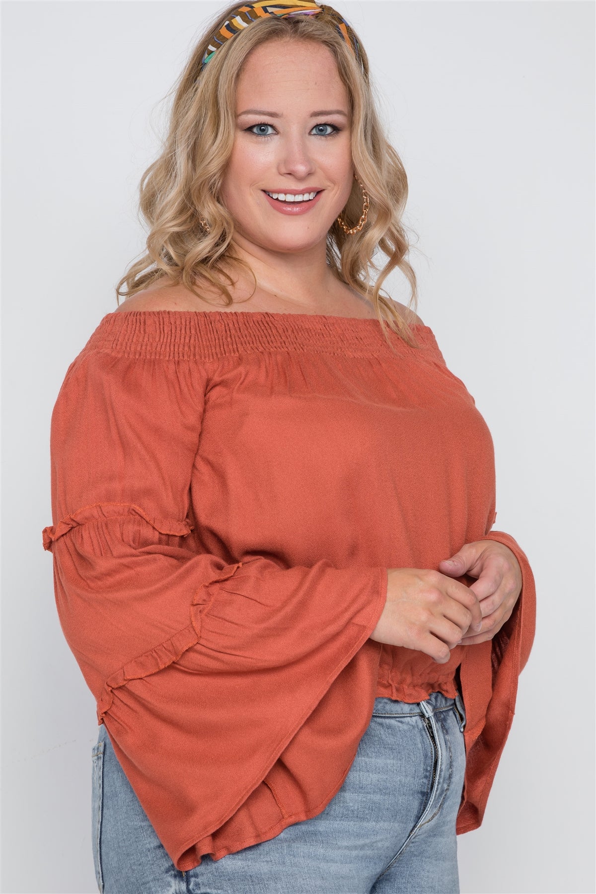 Plus Size Off-the-shoulders Bell Sleeve Top-Runs one size smaller-1XL will fit sizes L and XL