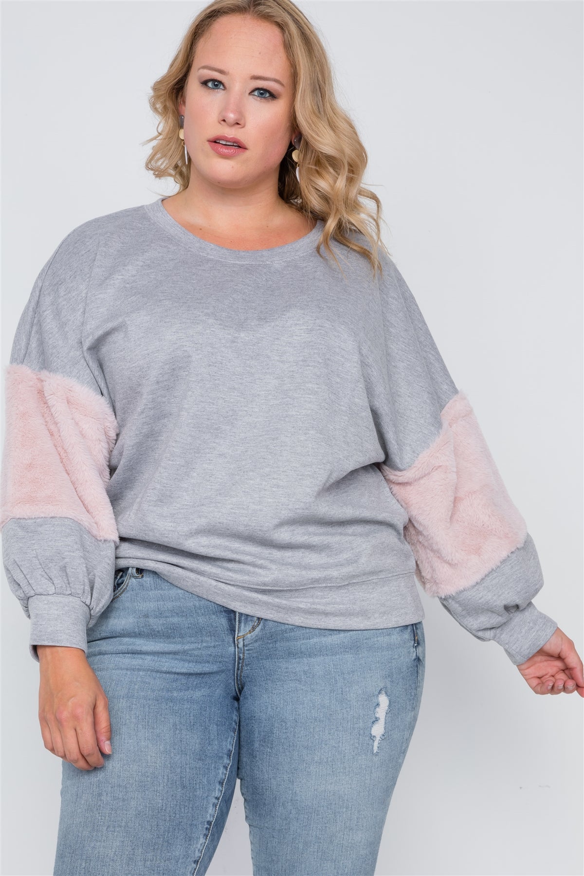 Plus Size Faux Fur Pink Sleeves Sweater