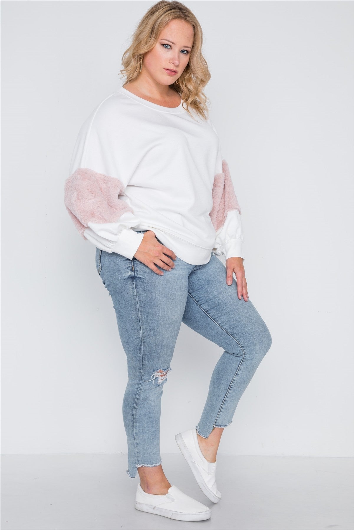 Plus Size Faux Fur Pink Sleeves Sweater