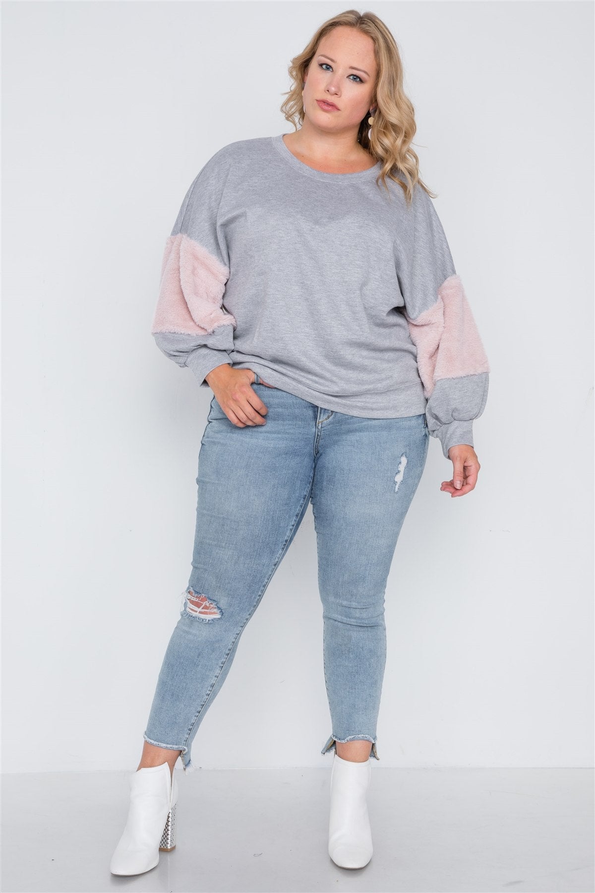 Plus Size Faux Fur Pink Sleeves Sweater