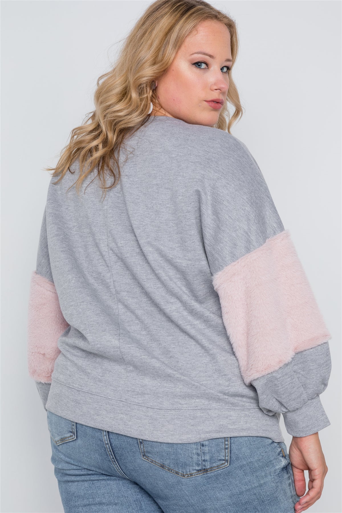 Plus Size Faux Fur Pink Sleeves Sweater