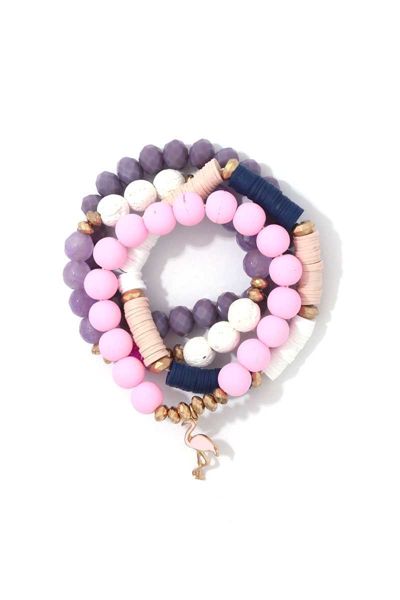 Multi Bead Flamingo Charm Stretch Bracelet Set