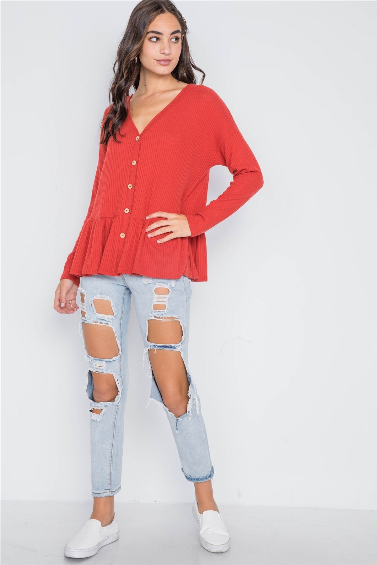 Orange Red Ribbed Long Sleeve Button Front Sweater