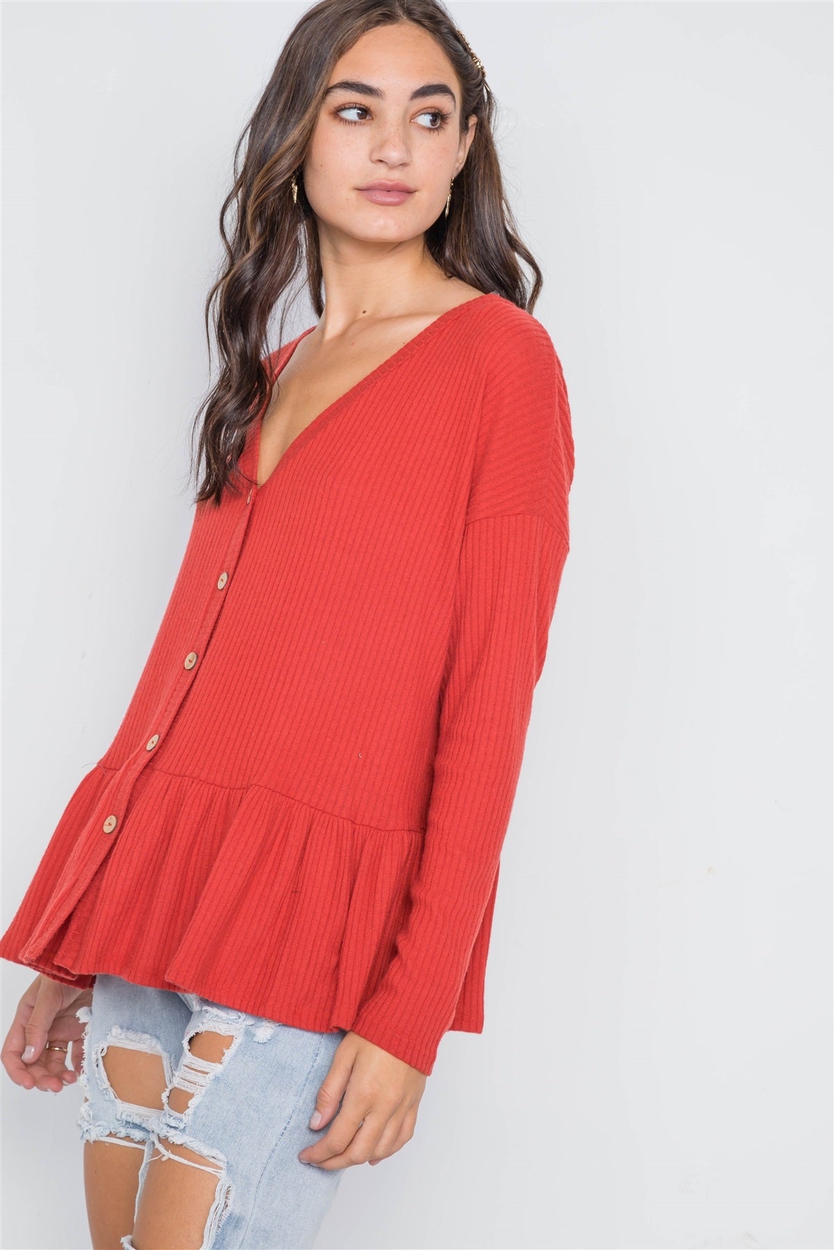 Orange Red Ribbed Long Sleeve Button Front Sweater