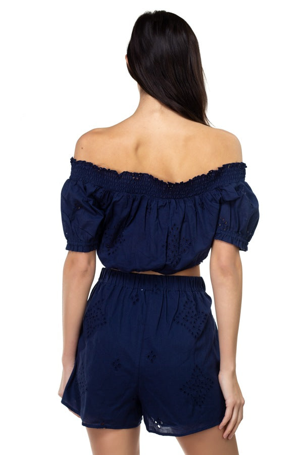 Smocked Off Shoulder Top & High Waist Eyelet Shorts Set