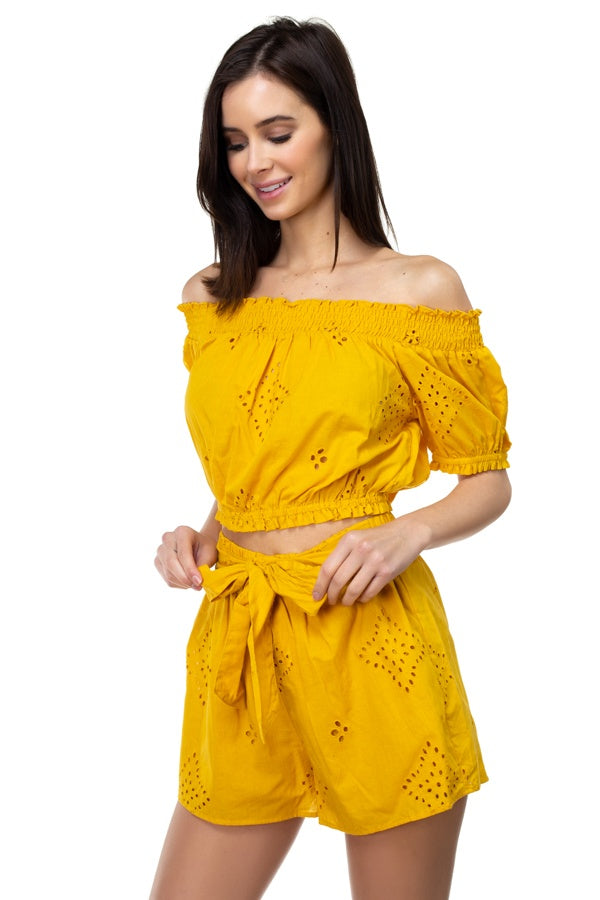 Smocked Off Shoulder Top & High Waist Eyelet Shorts Set