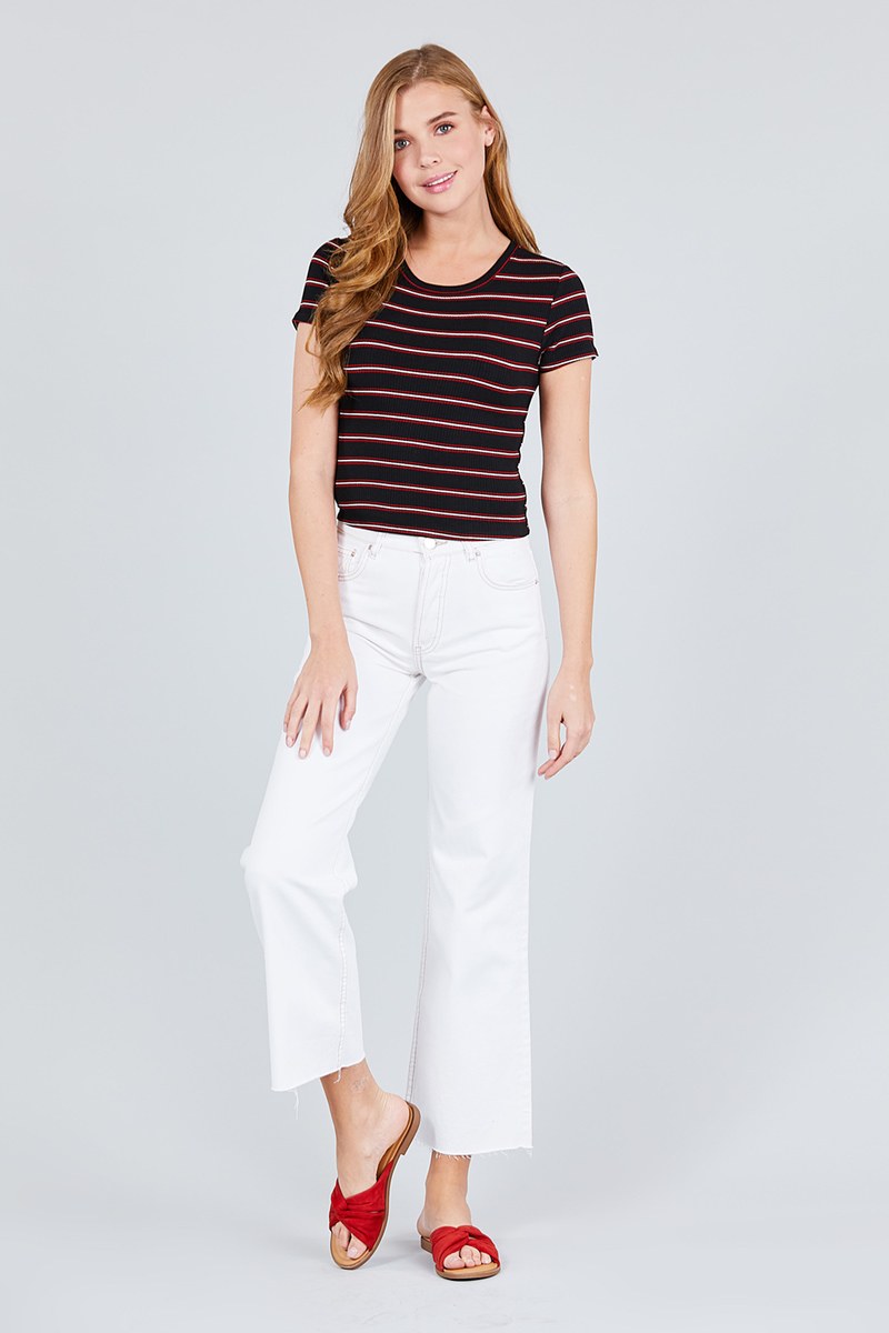 Short Sleeve Round Neck Multi Stripe Rib Knit Top