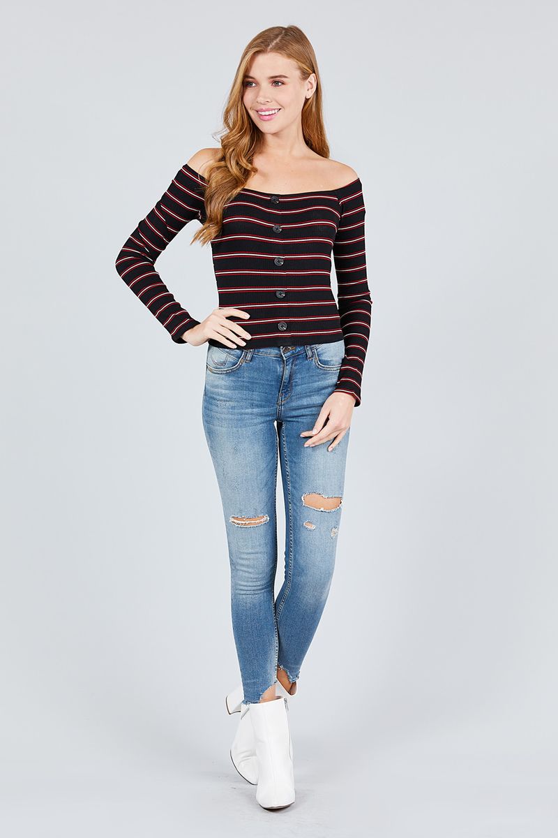 Long Sleeve Off The Shoulder Neckline Button Down Multi Stripe Rib Knit Top