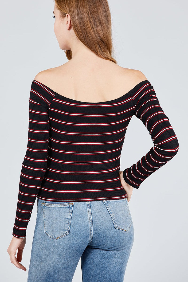 Long Sleeve Off The Shoulder Neckline Button Down Multi Stripe Rib Knit Top