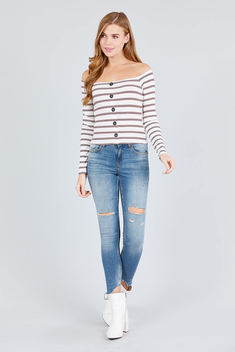 Long Sleeve Off The Shoulder Neckline Button Down Multi Stripe Rib Knit Top