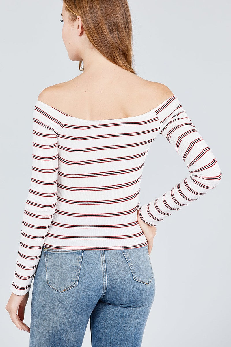 Long Sleeve Off The Shoulder Neckline Button Down Multi Stripe Rib Knit Top