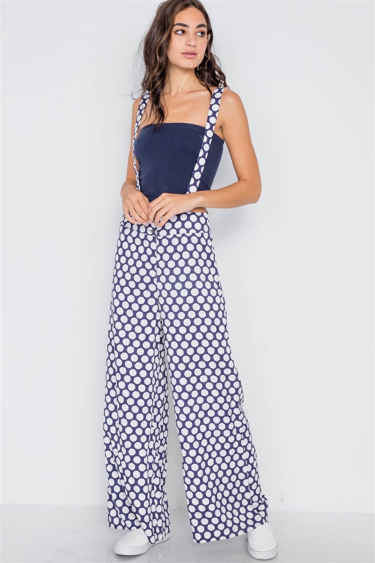 Navy White Polka Dot Wide Leg Suspender Pants