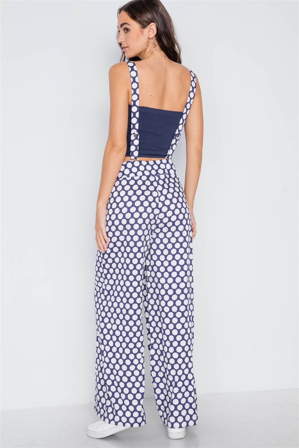 Navy White Polka Dot Wide Leg Suspender Pants