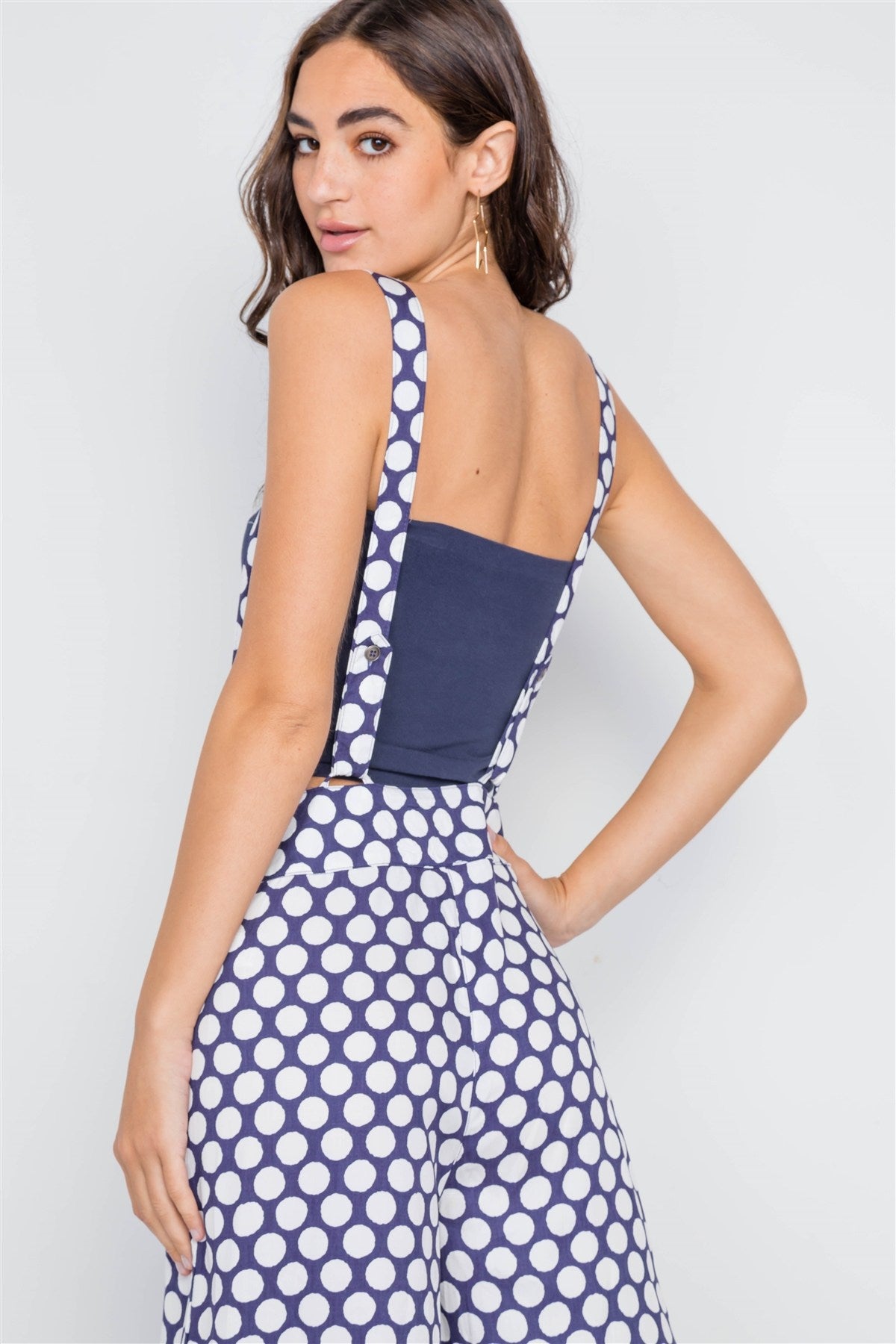 Navy White Polka Dot Wide Leg Suspender Pants