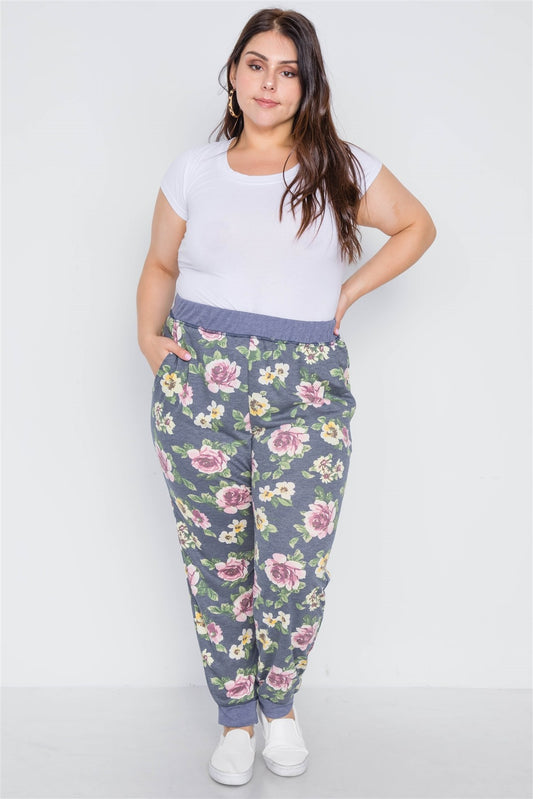 Plus Size Blue Floral Print Knit Joggers Pants