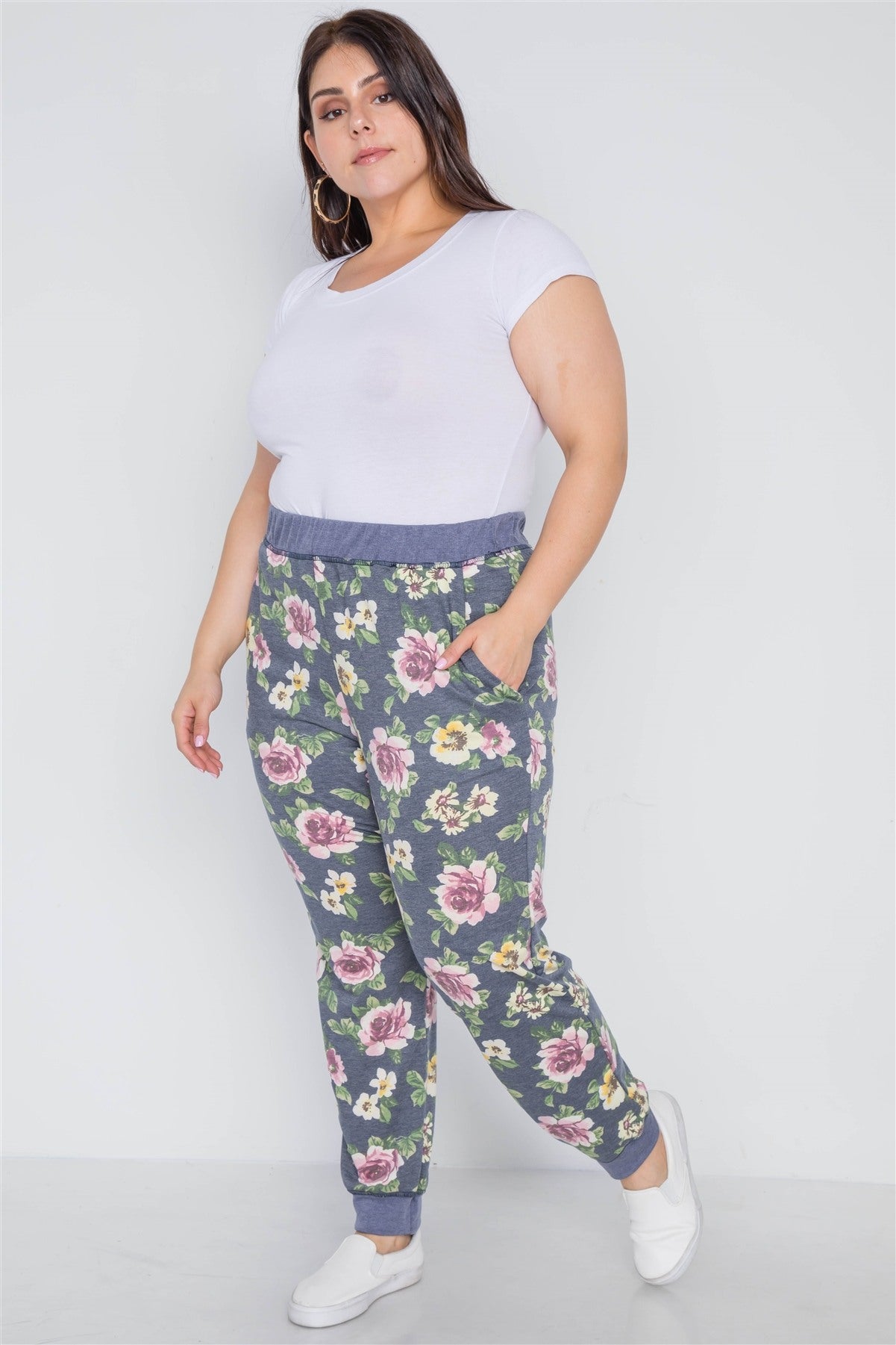 Plus Size Blue Floral Print Knit Joggers Pants