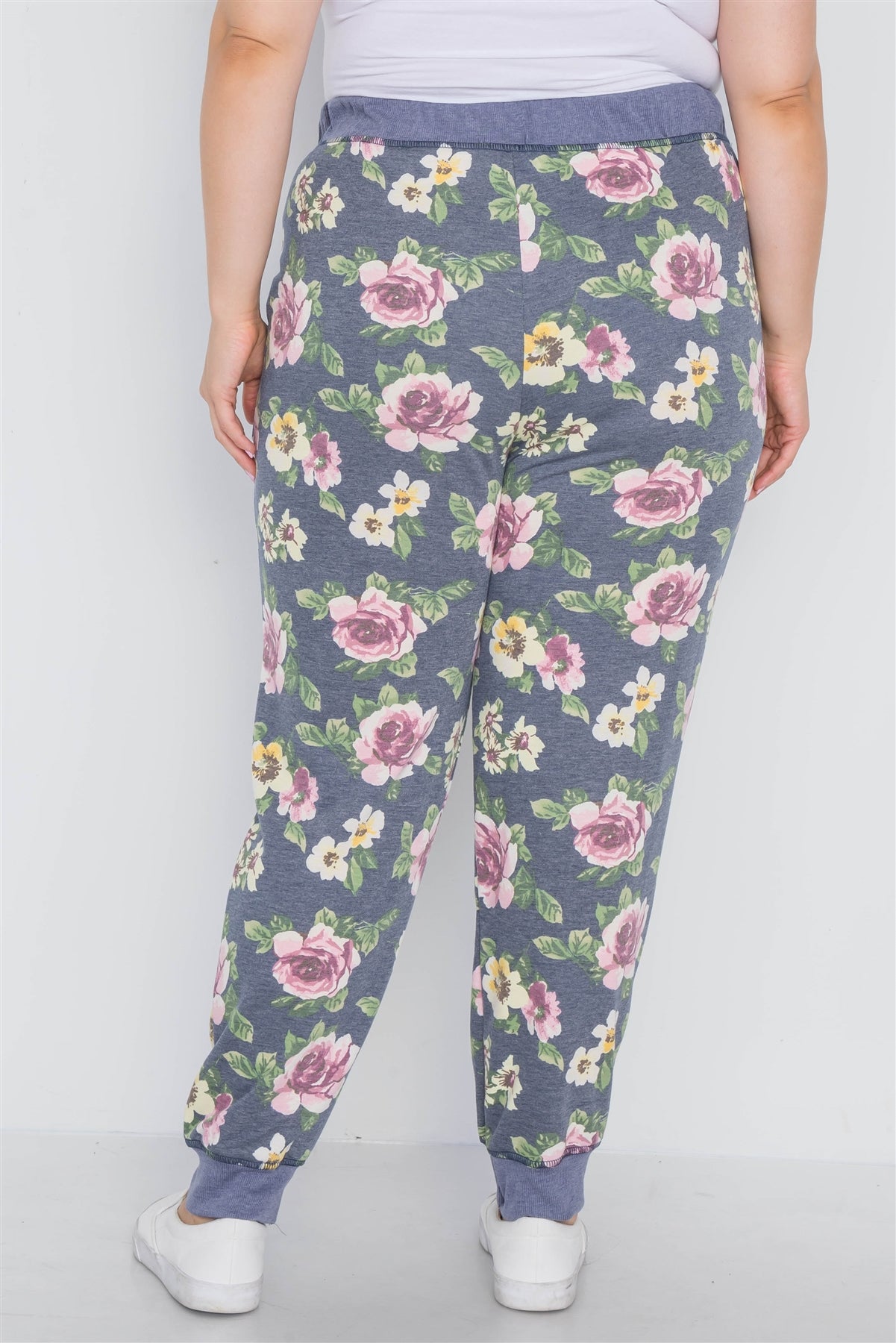 Plus Size Blue Floral Print Knit Joggers Pants