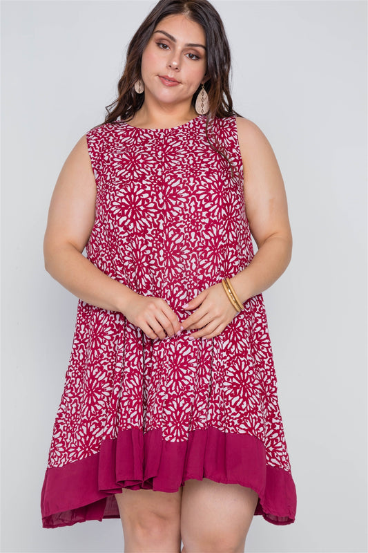 Plus Size Red White Floral Sleeveless Boho Dress-Runs one size smaller-1XL will fit sizes L and XL