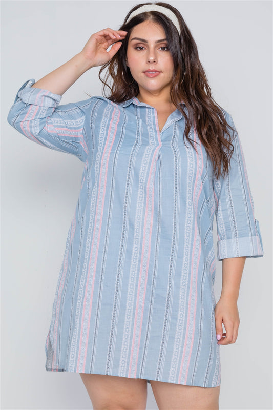 Plus Size Powder Blue Geo Print Shirt Dress