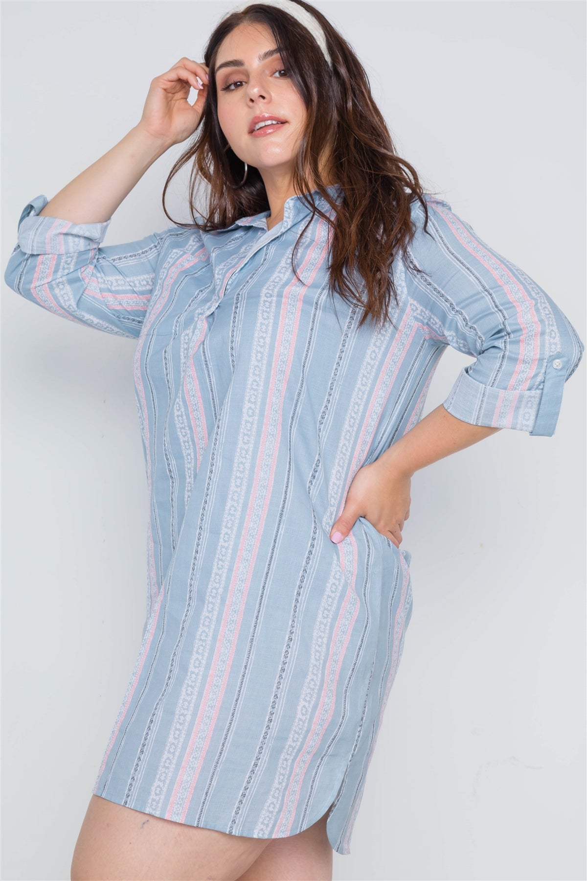 Plus Size Powder Blue Geo Print Shirt Dress