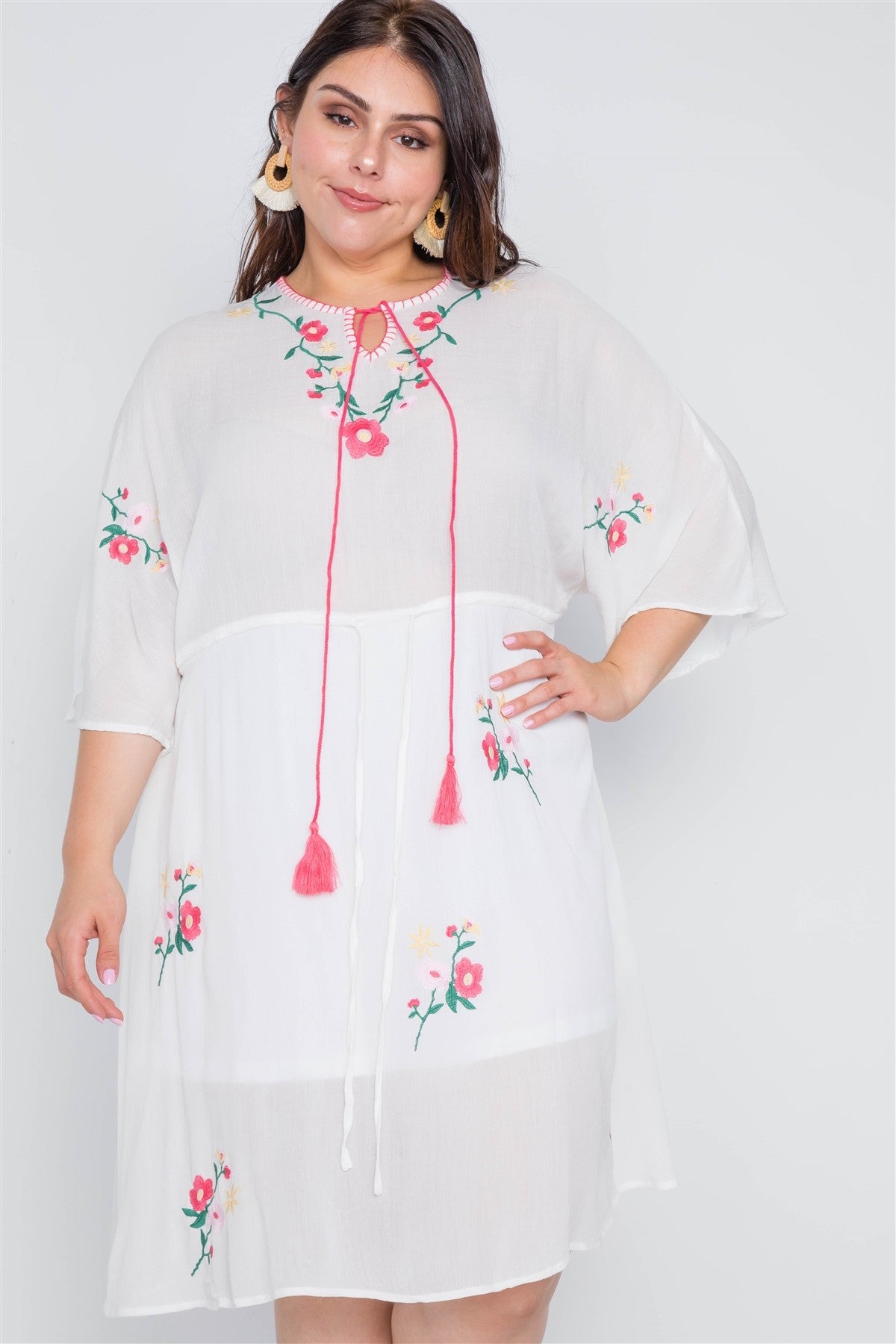 Plus Size Off White Floral Embroidery Midi Dress