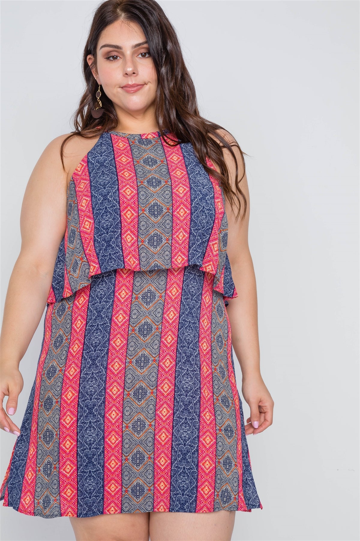 Plus Size Navy Red Flounce Paisley Print Mini Dress