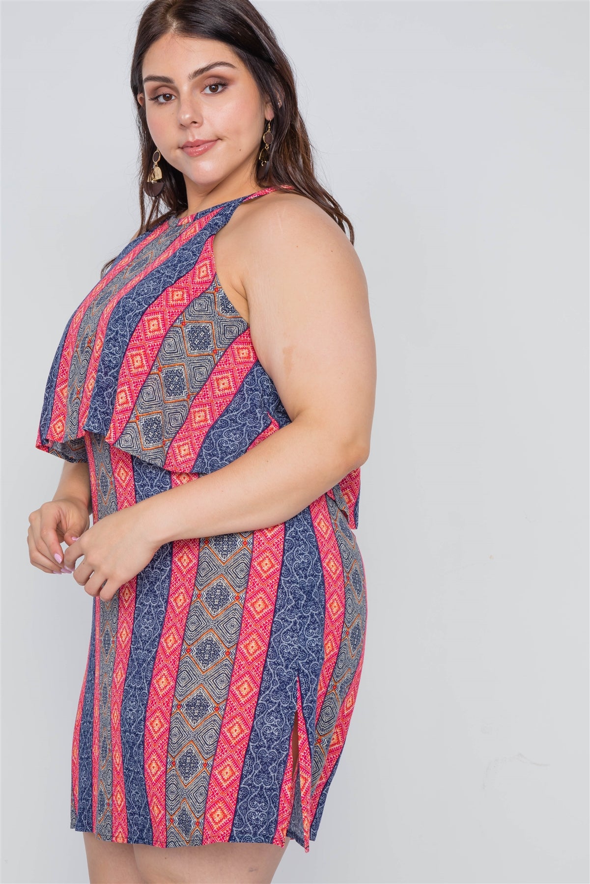 Plus Size Navy Red Flounce Paisley Print Mini Dress