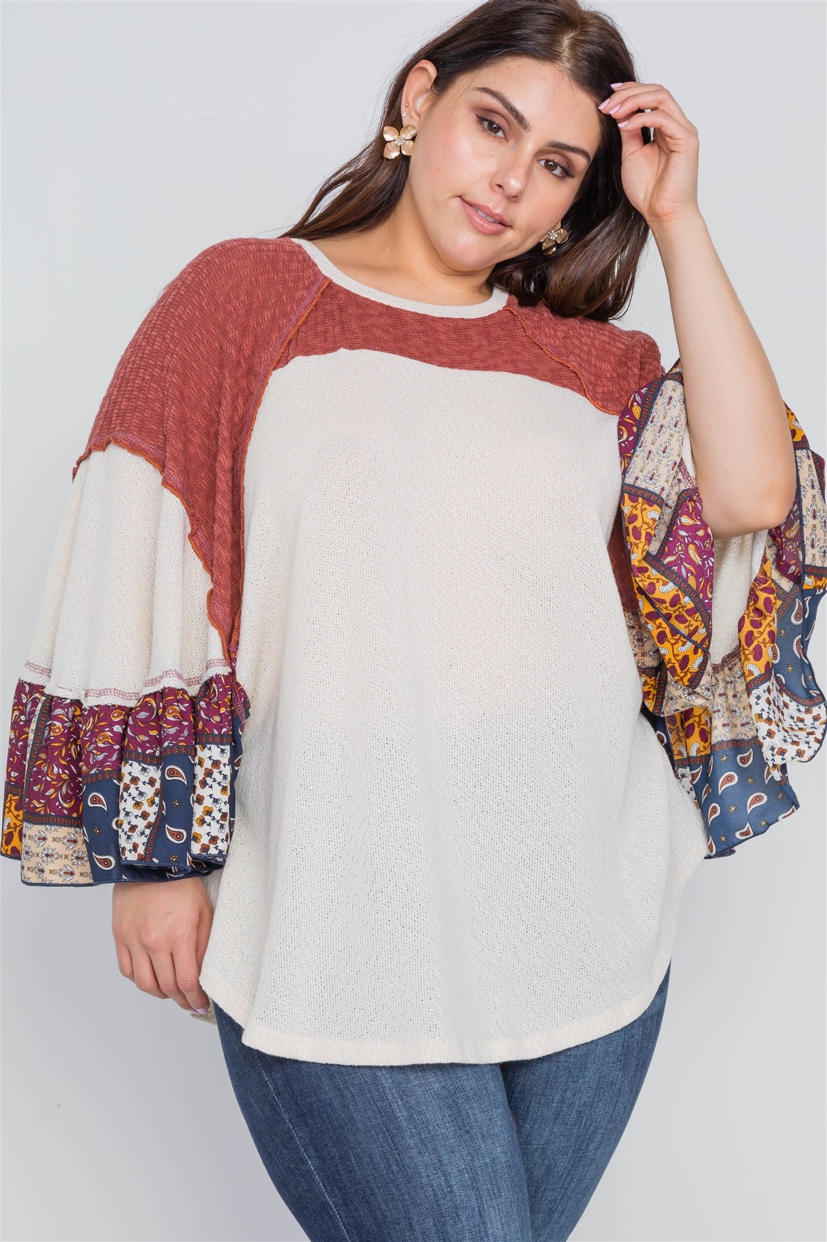 Plus Size Beige Rust Knit Multi Pattern Top