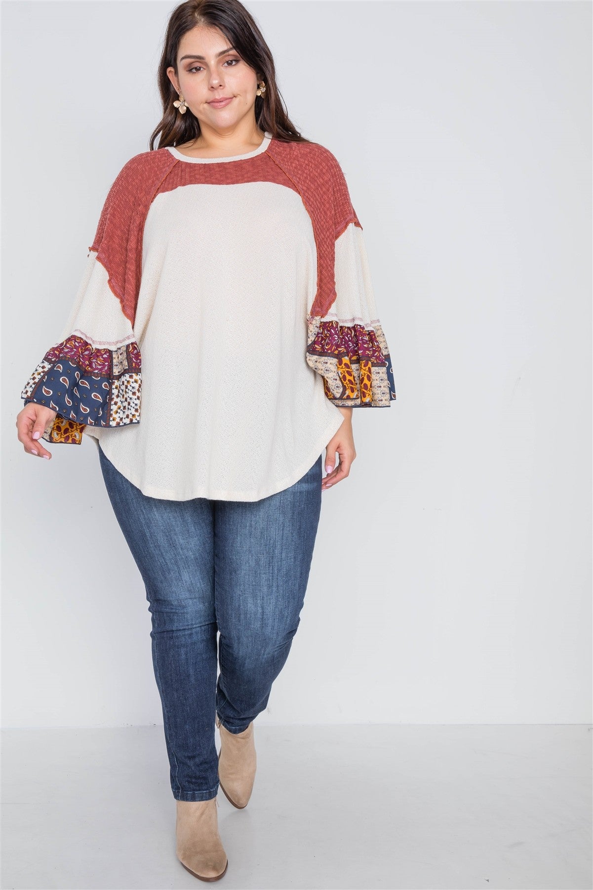 Plus Size Beige Rust Knit Multi Pattern Top