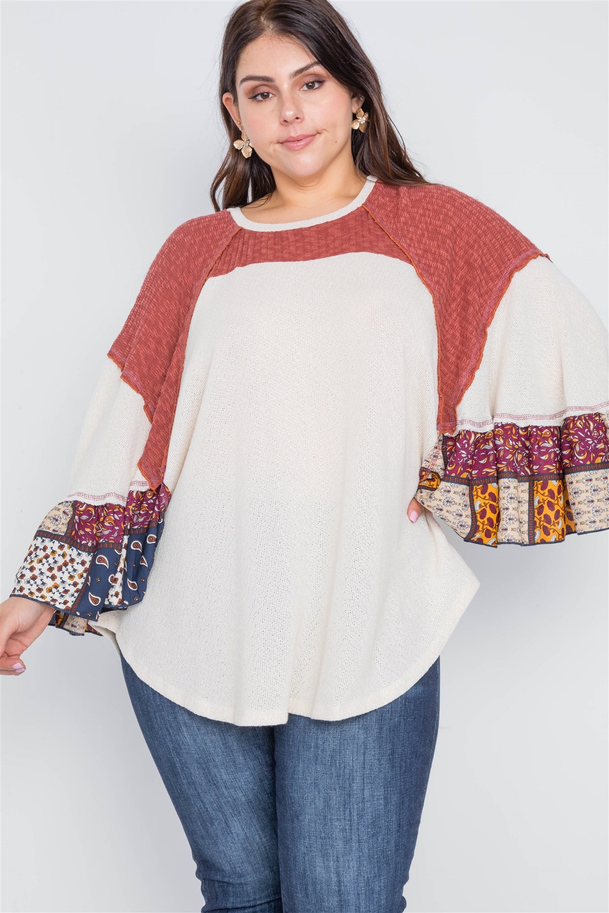 Plus Size Beige Rust Knit Multi Pattern Top